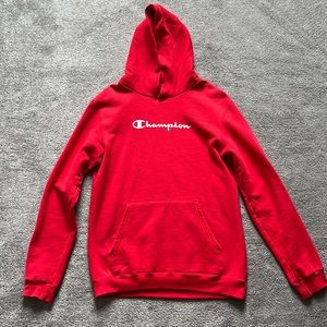 Champion Red Kids’ French Terry Hoodie, Script Logo, Size: YXL